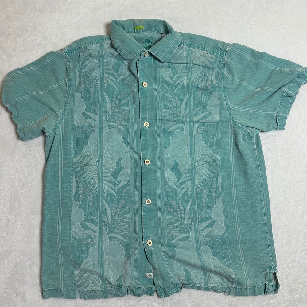 Tommy Bahama Silk Shirt Men L Teal Green Hibiscus Floral Tropical Camp Coastal
